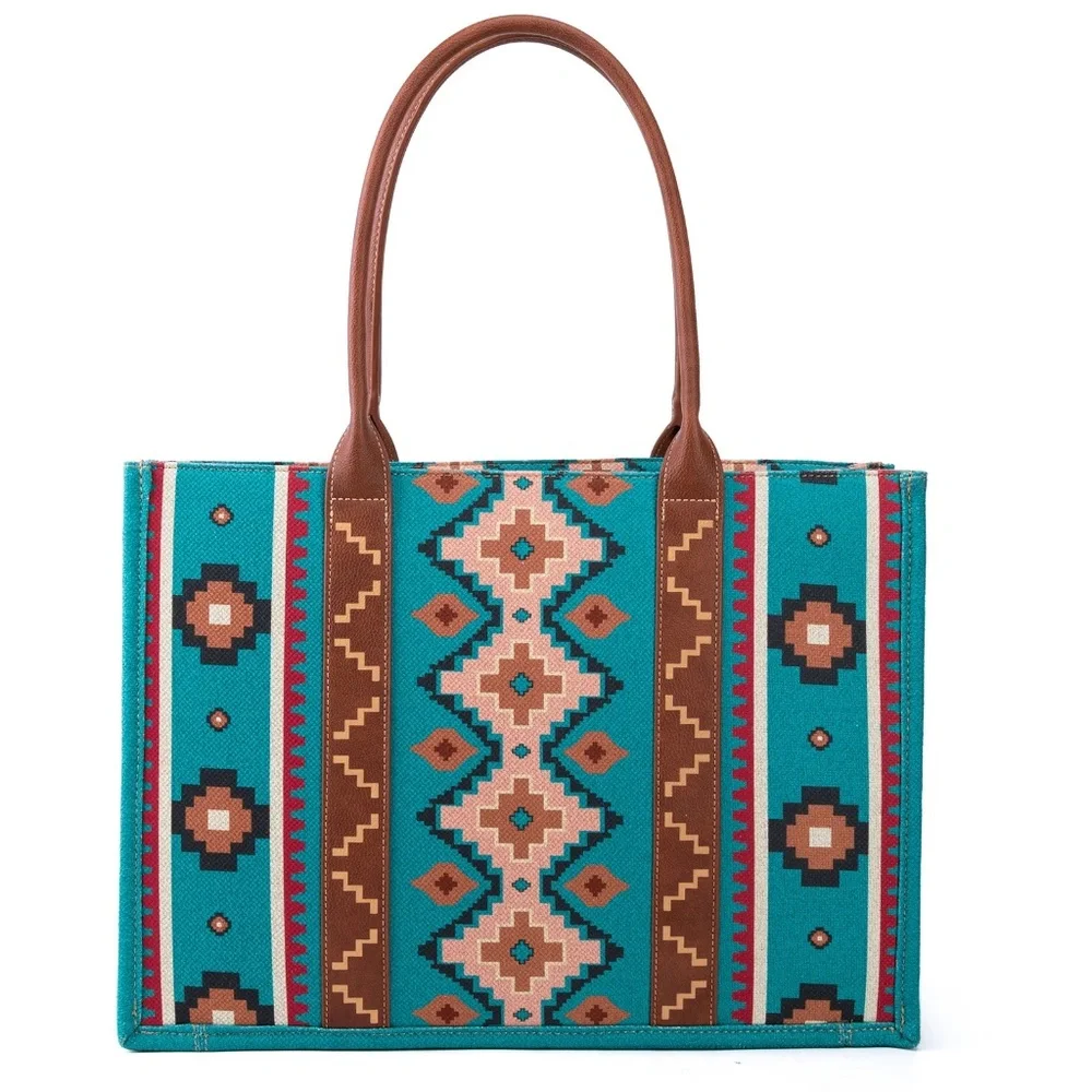 Wrangler Southwestern Pattern Dual Sided Print Canvas Wide Tote Dark Turquoise